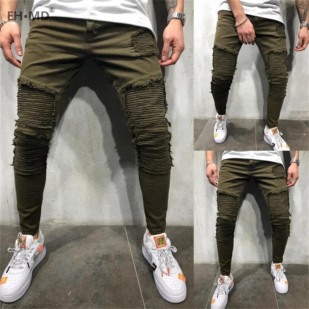 Summer  Army Green Stiletto Jeans Men's Ripped Holes Wrinkled Wave Stripes Decorated High Stretch Pants Slim Locomotive Frayed