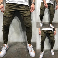 eh%c2%b7md%c2%ae army green stiletto jeans mens ripped holes wrinkled wave stripes decorated high stretch pants slim locomotive frayed