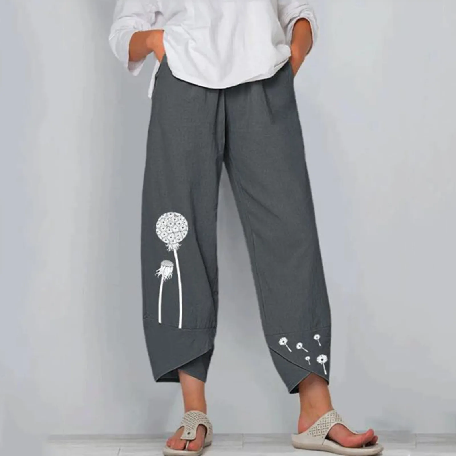Брюки женские хлопково-льняные с принтом одуванчика повседневные винтажные
