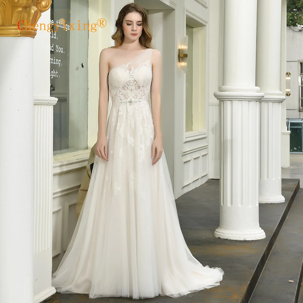 Сексуальная иллюзия Bodice Boho свадебное платье пляж одно плечо аппликации кружева