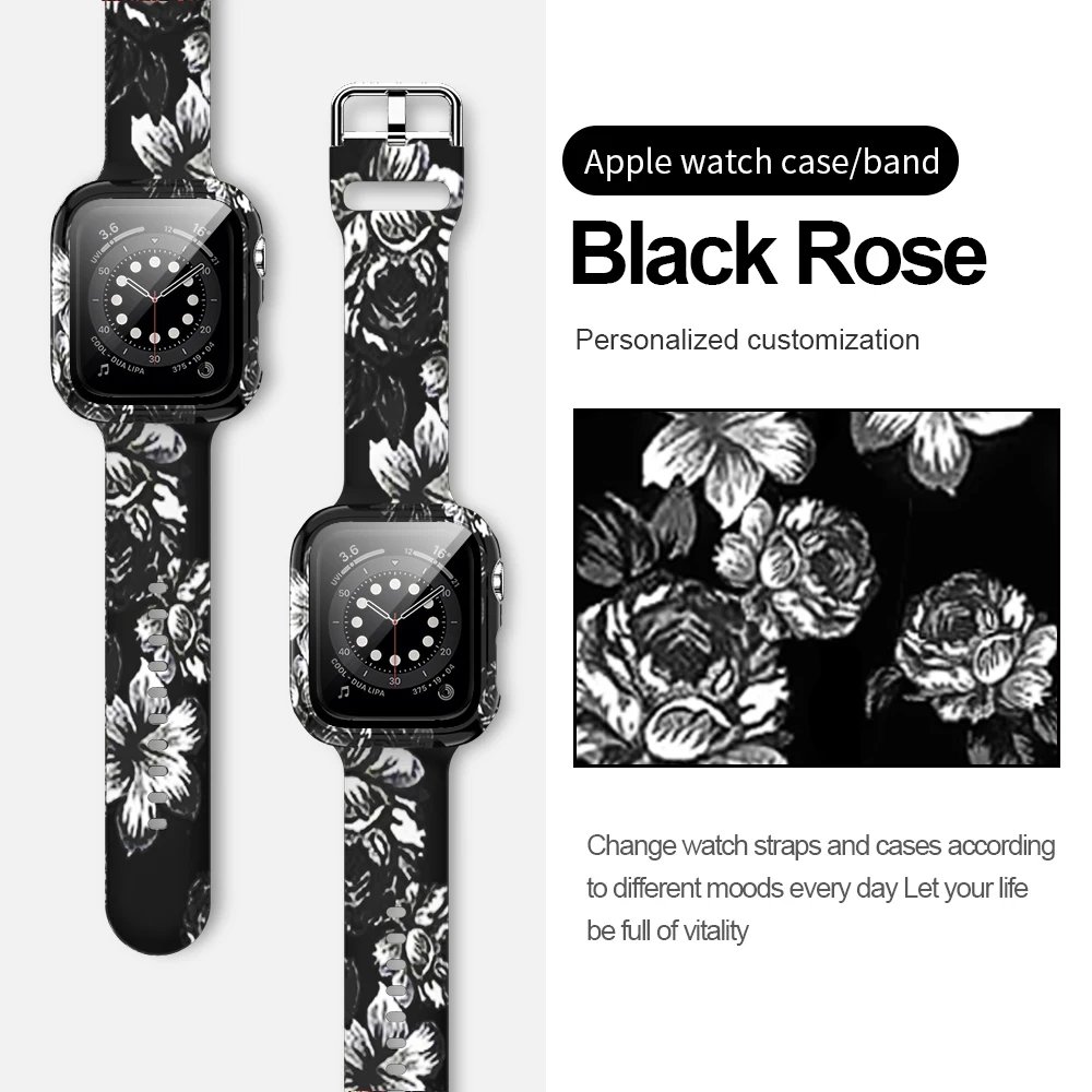 Silicone Strap+Cover for Apple Watch Bands 44mm 40mm 42mm 38mm Screen Protector, Glass+Silicone Wristband Strap for iwatch 2 in1