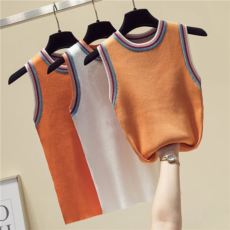 women Striped Color collision knitted vest female lady Girls suspenders waistcoats thin summer ice silk sleeveless Tank Tops
