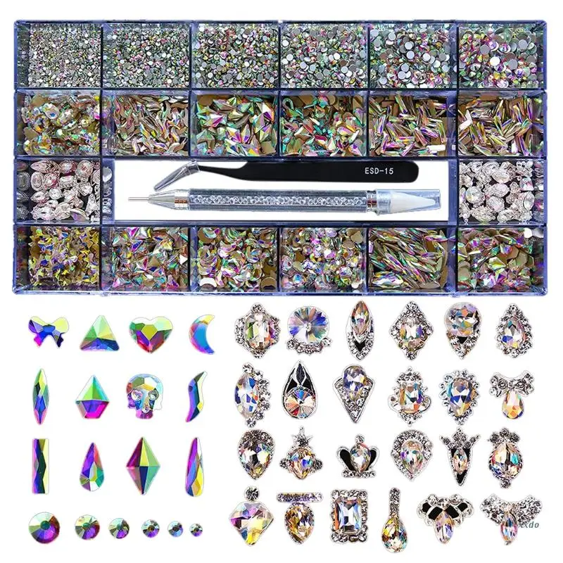 

Nail Rhinestones Kit Round AB Crystals for Nails and Multi Shapes Glass Rhinestones and Nail Diamond for Acrylic Nail