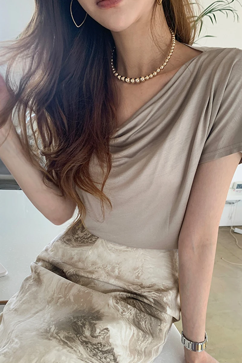 

Korejpaa Women Set 2021 Summer Korean Elegant Temperament Pile Collar Short-Sleeve Knitted T-Shirt High Waist Ink Painting Skirt