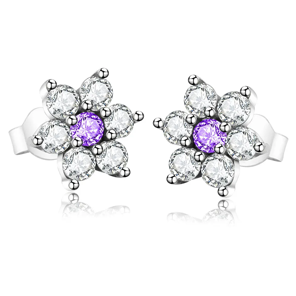 

100% Real 925 Sterling Silver Forget Me Not Stud Earrings With Purple & Clear CZ For Women Lady Authentic Original Jewelry Gift