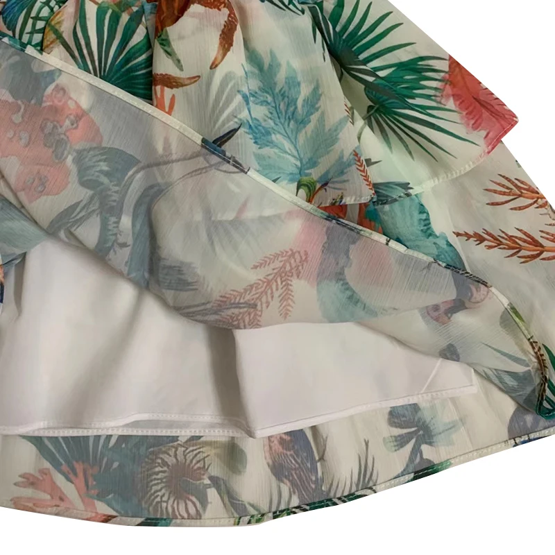 

VGH Elegant Print Two Piece Set For Women Square Collar Puff Half Sleeve Short Tops Elastic Waist Mini Skirts Casual Sets Female
