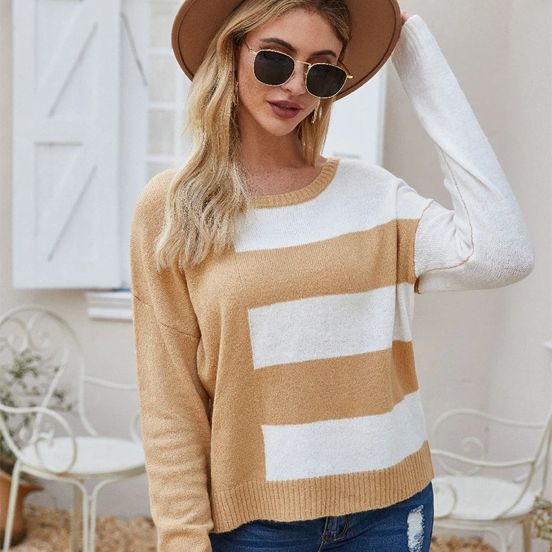 

O-neck Long Sleeved Striped Contrast Color Fashion Knitted Sweater Women's Winter Casual Warm Sweater Girl Turtleneck New