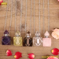 natural pink roses amethysts quartz stone faceted square perfume bottle pendantwomen crystal essential oil diffuser bottle gift