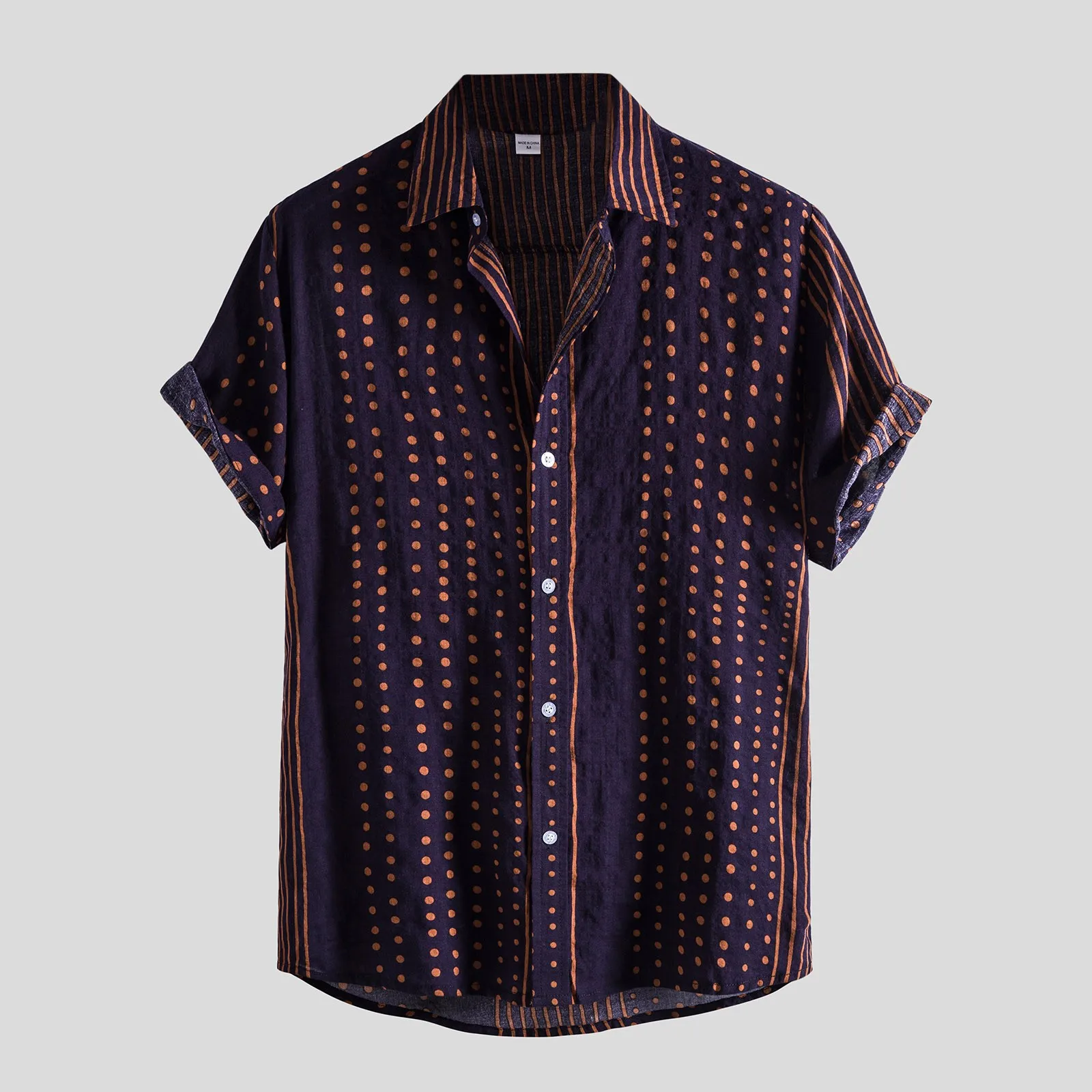 

2021 Men's Shirts Casual Polka Dot Stripes Print Short Sleeve Button Turn-down Shirt Beach Flower Shirt Men's Turtleneck Shirt