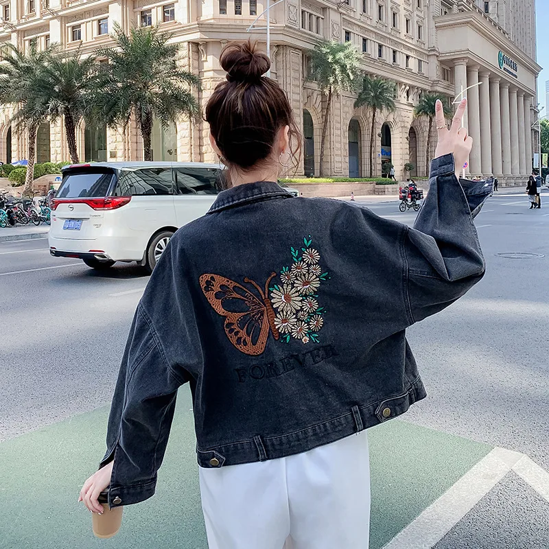 

Женская джинсовая куртка, Новая повседневная куртка с цветочной вышивкой бабочки на весну и осень