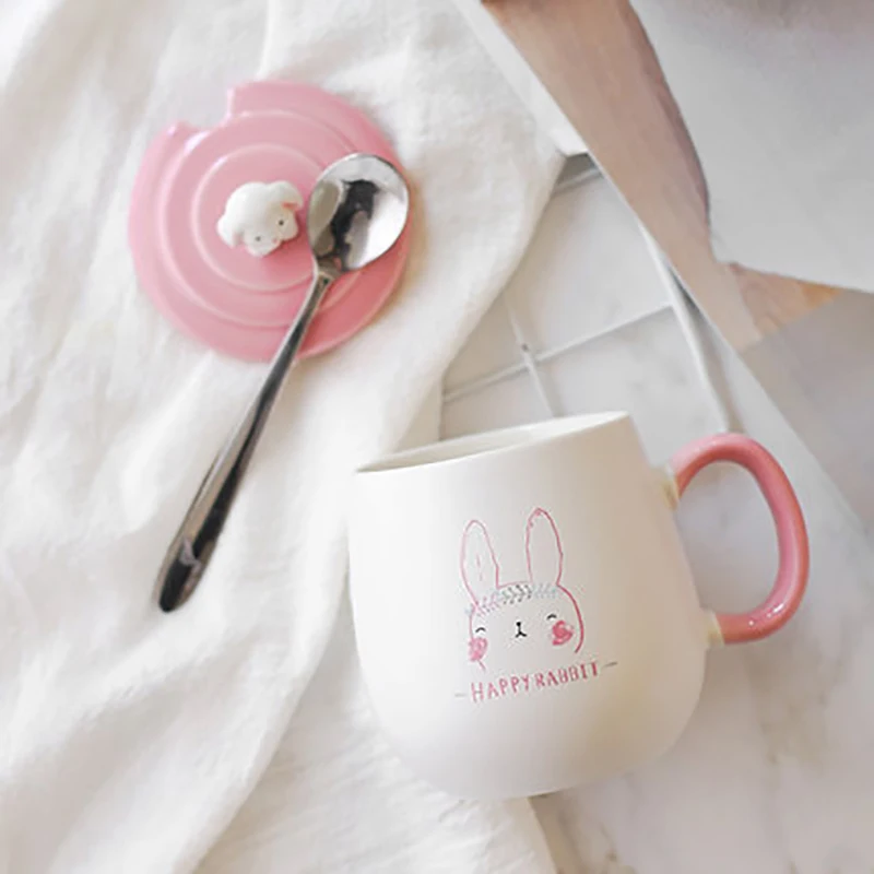 Кружки с крышкой чашка ложка из нержавеющей стали рисунком кролика симпатичная