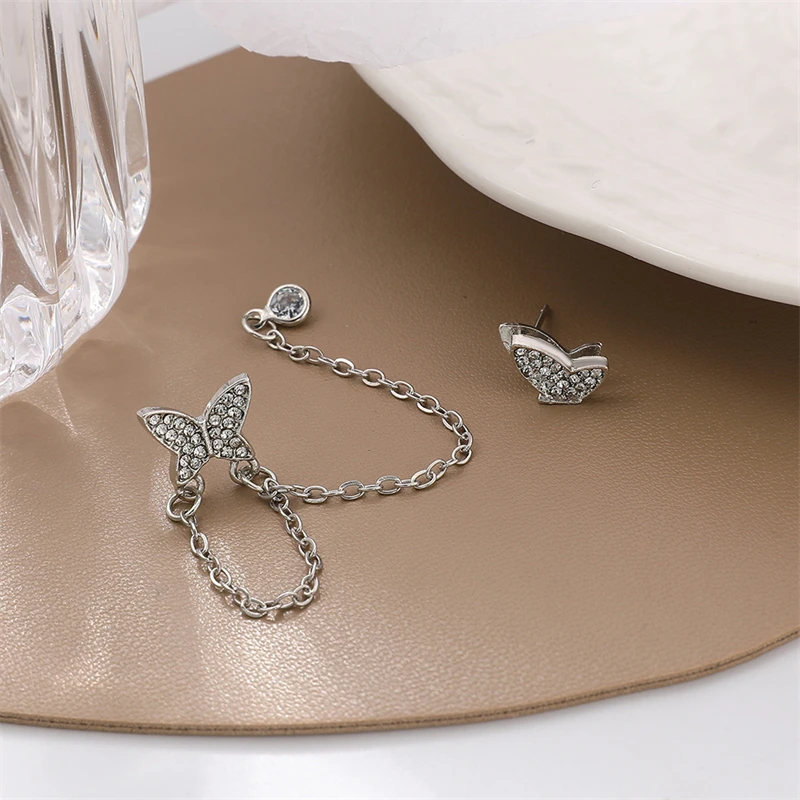 

Korean Fashion Asymmetric Design Shiny Rhinestone Butterfly Earrings Elegant Temperament Tassel Earrings Ladies Jewelry