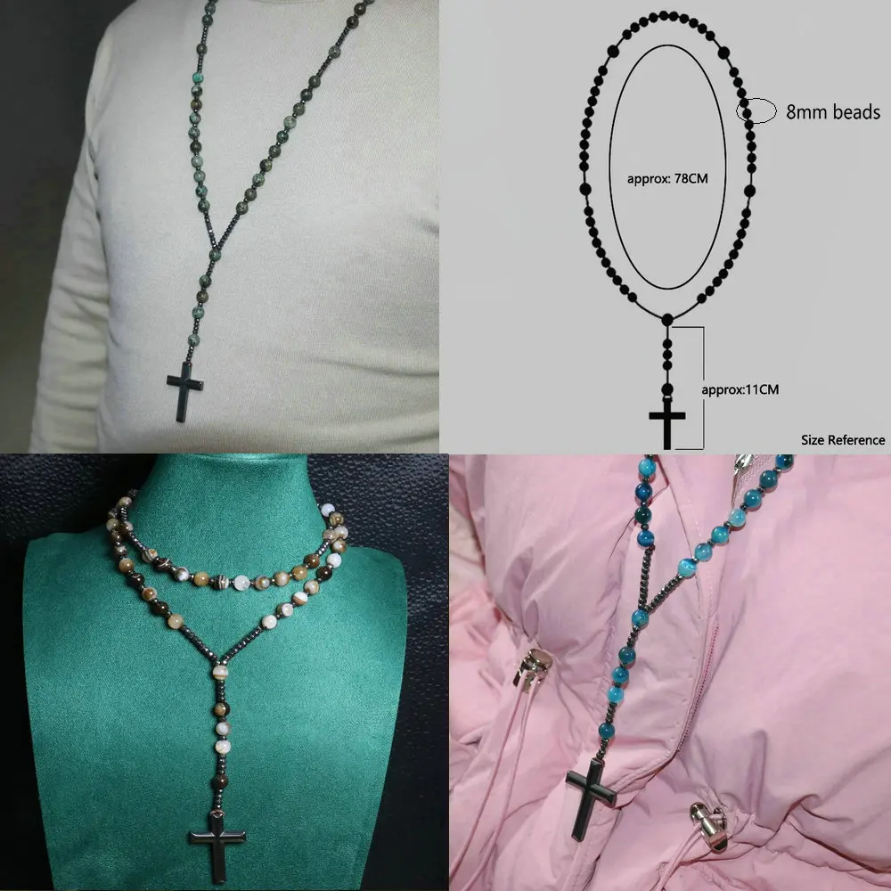 Trendy Crosses Pendant Necklace Catholic Christ Rosary Necklaces For Men Women 8mm Polar Jade Stone Beaded Meditation Necklace images - 6