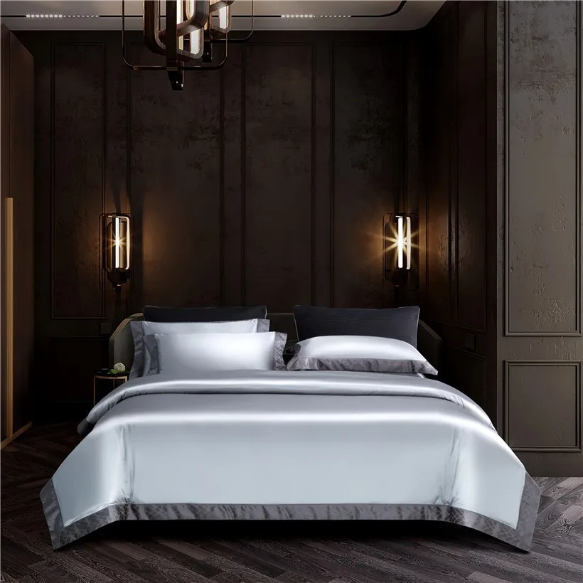 

4/6Pcs Gold Grey Silky Bedding set Queen King Luxurious Smooth Premium Satin+Egyptian Cotton Duvet Cover Bed Sheet Pillowcase