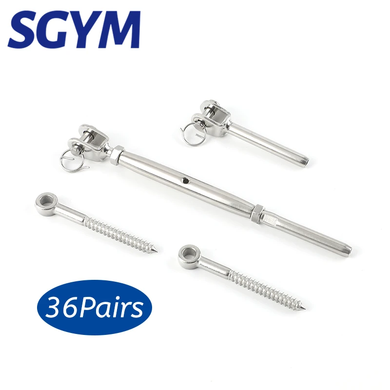 

36 Pairs 316 Stainless Steel Cable Railing Kit Jaw Swage Stud Turnbuckle Fork Terminal Lag Screw Eye For 1/8‘’ 3mm Wire Rope