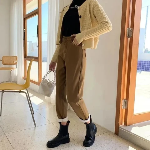 Winter Jeans For Women Velvet Thick Warm Denim Pants High Waist Fleece Mom Jeans Vintage Wide Leg Ankle-length Harem Denim Pants