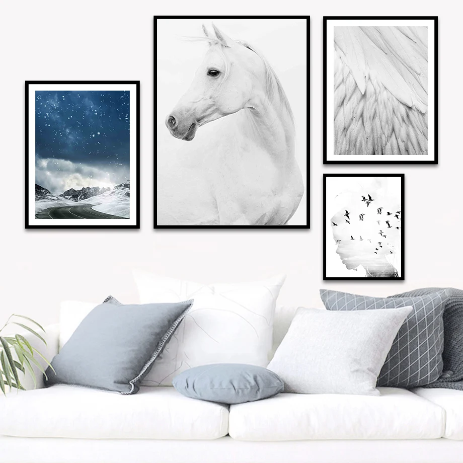 

Snow Road Horse Wings Abstract Woman Bird Wall Art Canvas Painting Nordic Posters And Prints Wall Pictures For Living Room Decor