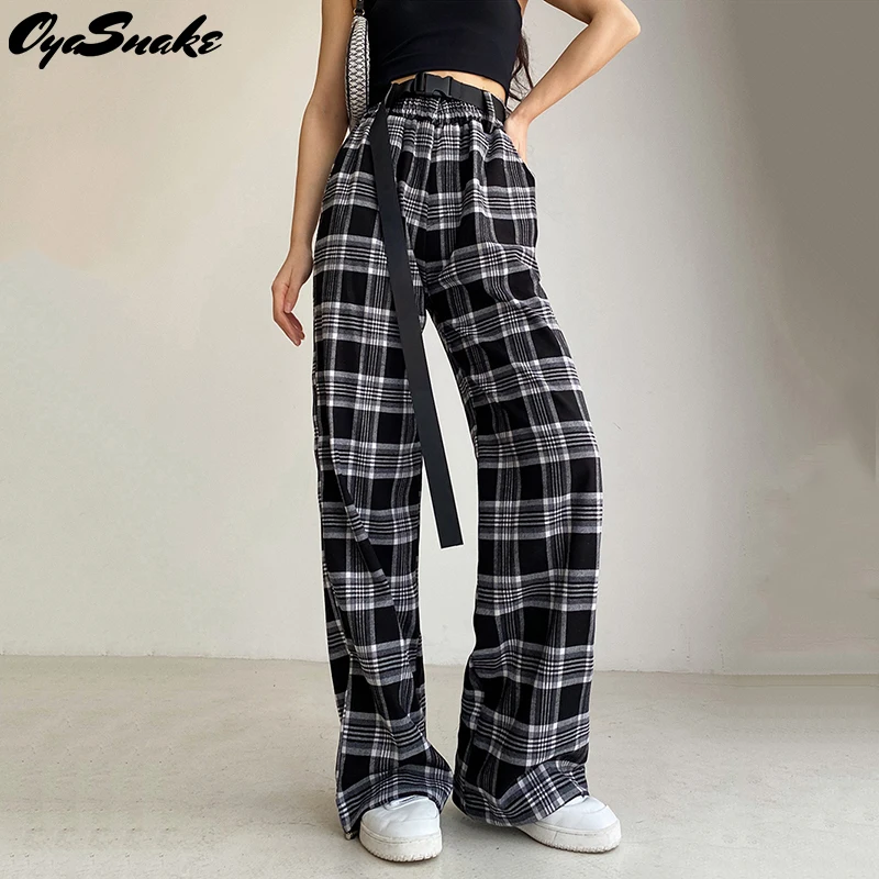 

Oyasnake New Women 2021 Plaid Wide Leg Pants Loose Adjustable Sashes Elastic Waist Pocket Draw String Close-Up Casual Trousers
