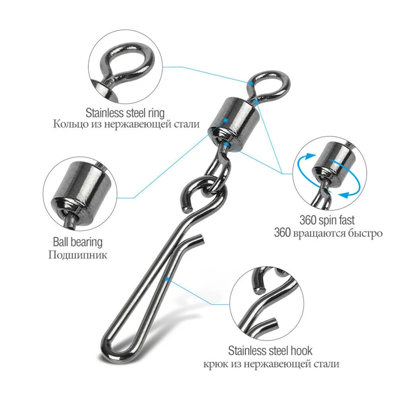 

50pcs/Set Fish Hook Connector Swivels Interlock Pin Snap 2#4#6#8#10# Rolling Swivel For Fishhook Lure Fishing Accessories