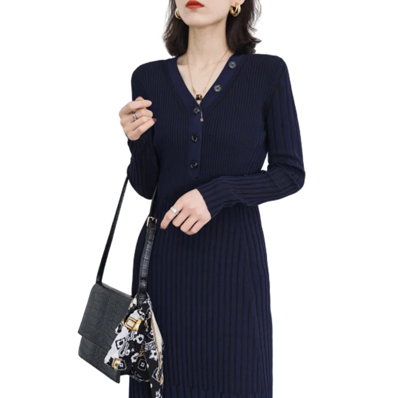 

Dress Navy Women Multi-button V-neck Dress 2021 Spring New Fashion Women's Solid Color Waist Dress