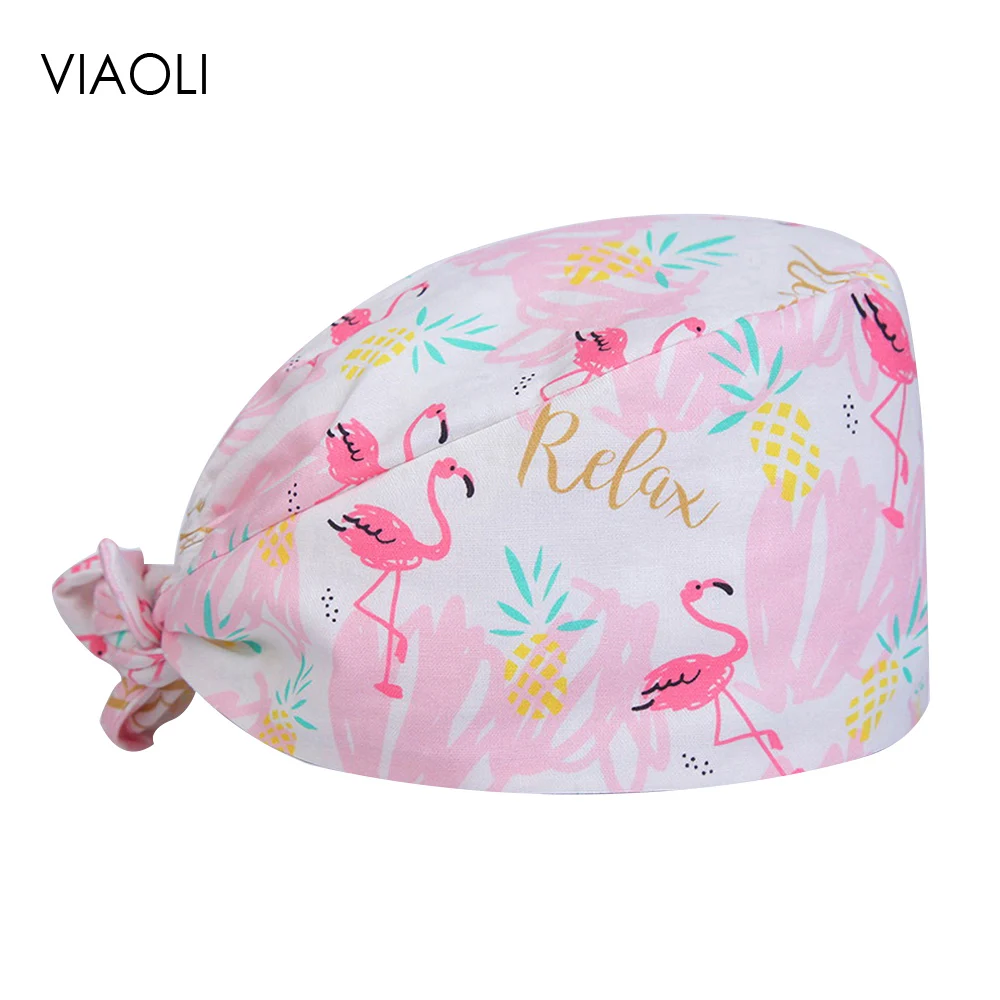 

High Quality Animal cartoon Floral printing Elastic Scrubs hats pet shop laboratory spa work hat beauty salon unisex Scrubs Cap