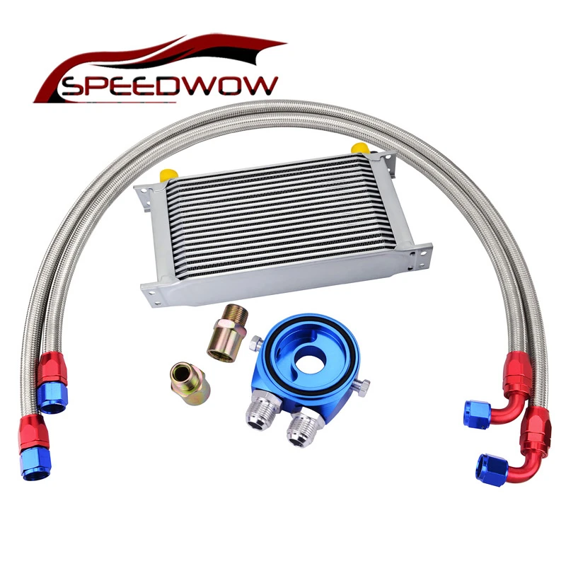SPEEDWOW 19Row Engine AN10 Transmission Oil Cooler+Oil Adapter Filter Cooler Cooler+Nylon Braided Silver Plate Kit | Автомобили и