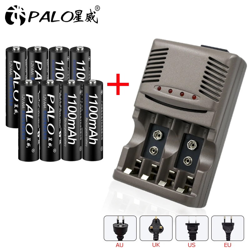 AAA 9v(6F22)Ni-MH rechargeable batteriesPALO 4 Slots LED Light Battery Charger For NiCd NiMH AA AAA 6F22 9V 1.2V Rechargeable Batteries + 8Pcs 1.2V 1100mAh AAA BatteryPALO 4 Slots LED Light Battery Charger For NiCd NiMH AA AAA 6F22 9V 1.2V Rechargeable Batteries + 8Pcs 1.2V 1100mAh AAA Battery
