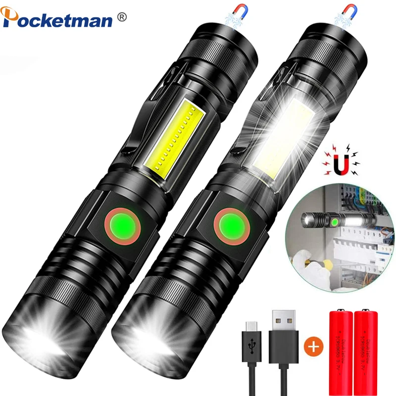 

Flashlight Rechargeable Powerful Super Bright Magnetic LED Torch with Cob Sidelight a pocket clip Zoomable for Camping