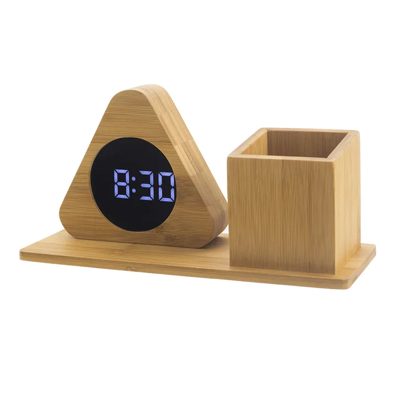 

gift wooden pen holder alarm clock stand clock manufacturer direct sales creative home office voice control digital new model