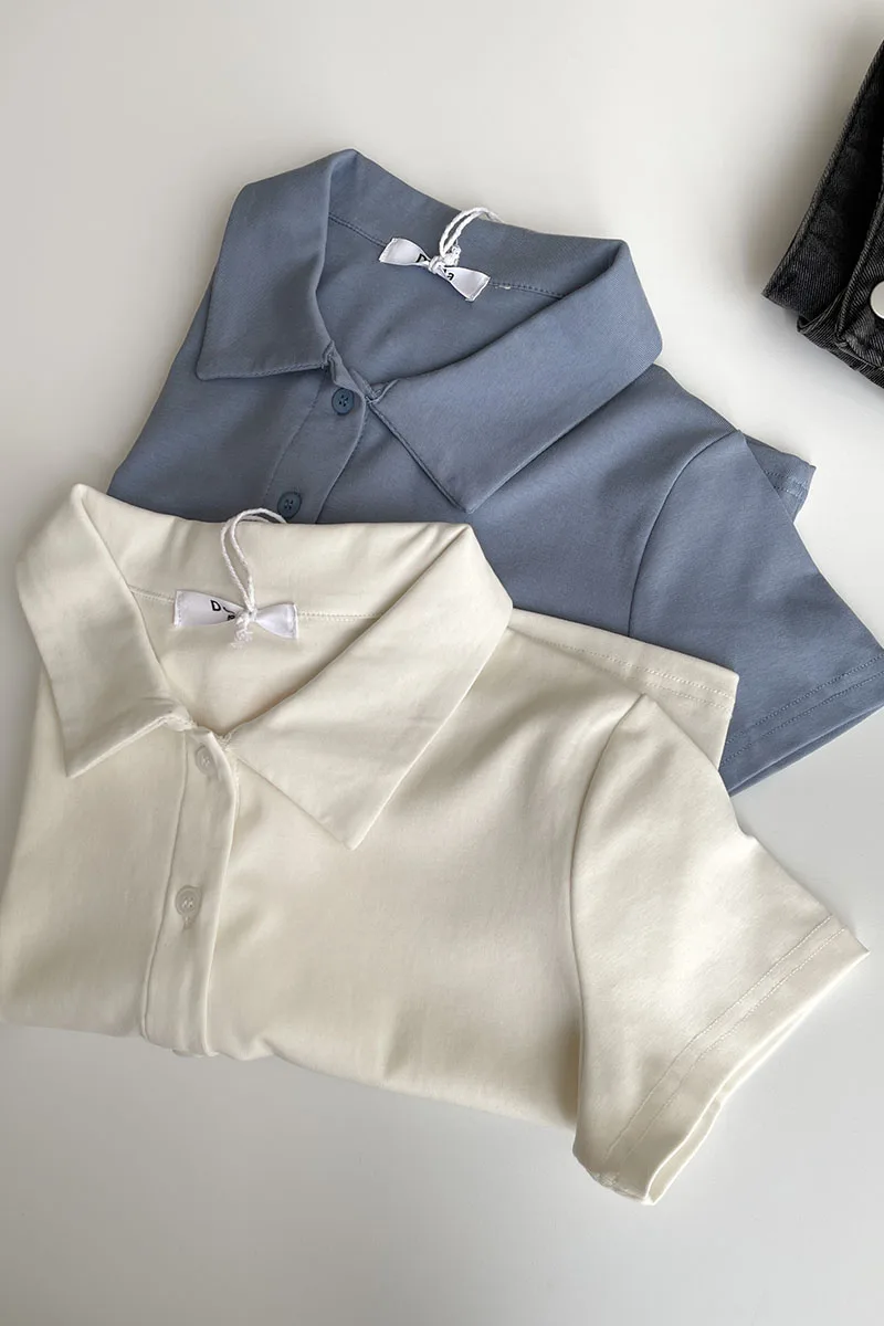 

Summer 2021 Vintage Shirt For Women Solid Short Sleeve Blouse French Style Crop Top Femme Polo Neck All-Match Shirts