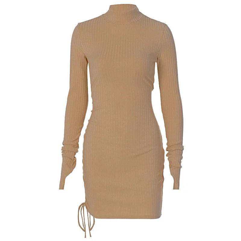 

Ribbed High Neck Sexy Mini Dress Women Drawstring Ruched Lace Up Long Sleeve Bodycon Bandage Party Elegant Clubwear Autumn