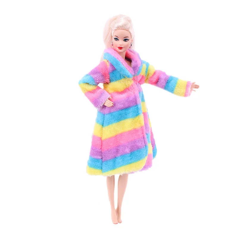 Кукольное платье Барби разноцветное мягкое меховое пальто с длинными рукавами