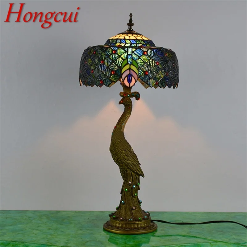 

Hongcui Tiffany Table Lamp Peacock Contemporary Retro Creative Decoration LED Light For Home