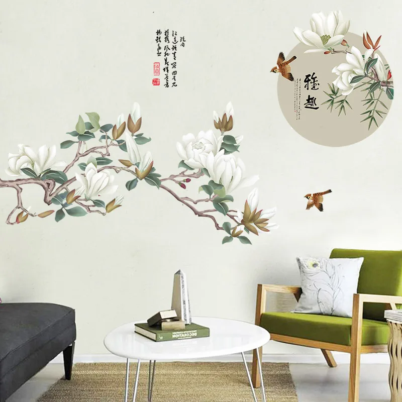 

Chinese Style Flower Birds Wall Sticker Home Decor for Living Room Bedroom Decoration DIY Vinyl Wallpapers Self Adhesive Murals