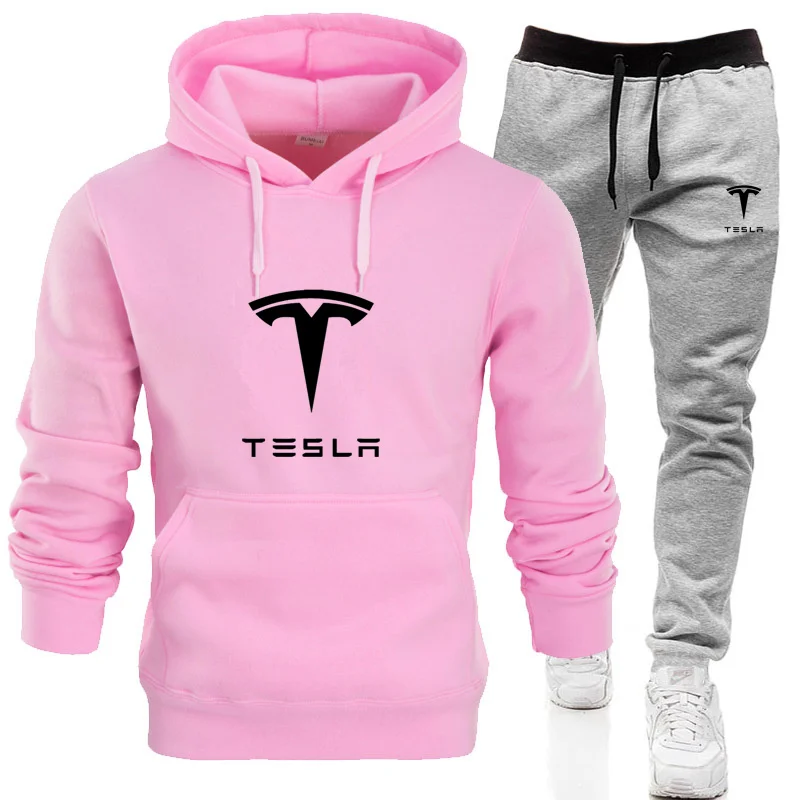 

Track suit men 2-piece set 2021 new Tesla autumn and winter printed sports hoodie + pants pullover sportswear suit men