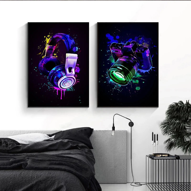 Граффити художественная камера наушники геймпад Холст Картина модные красочные