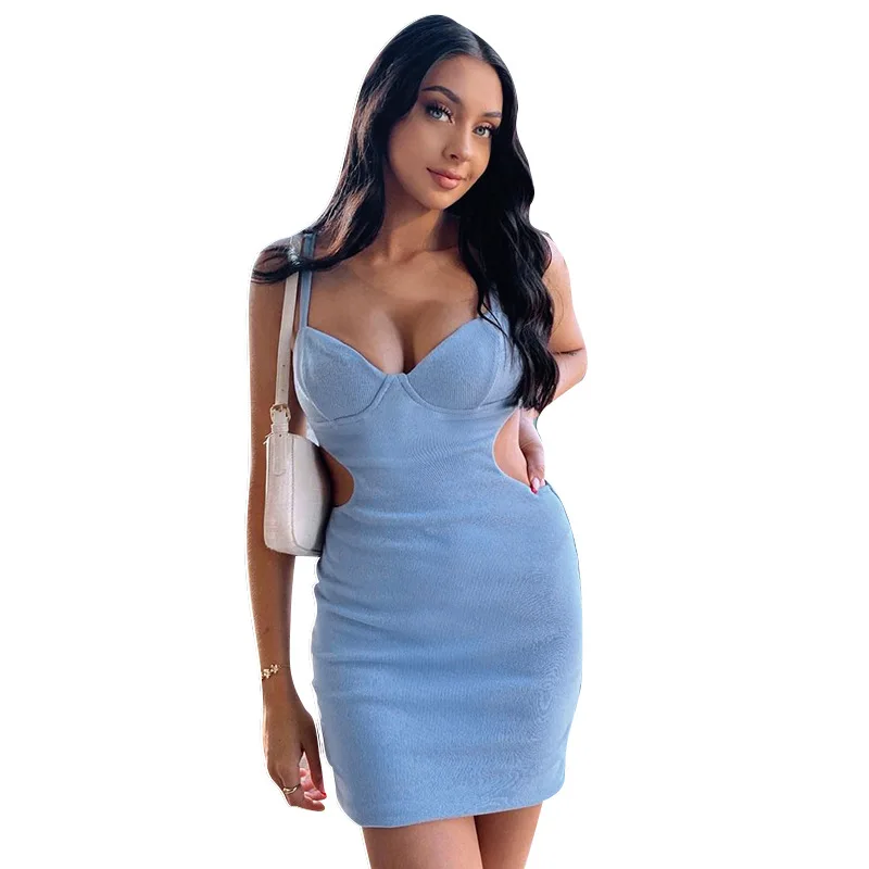 

Women Fashion Patchwork Blue Dress Sexy Hollow Out Slim Bodycon Dress Party Vestidos Spaghetti Sling Elegant Solid Dress Summer