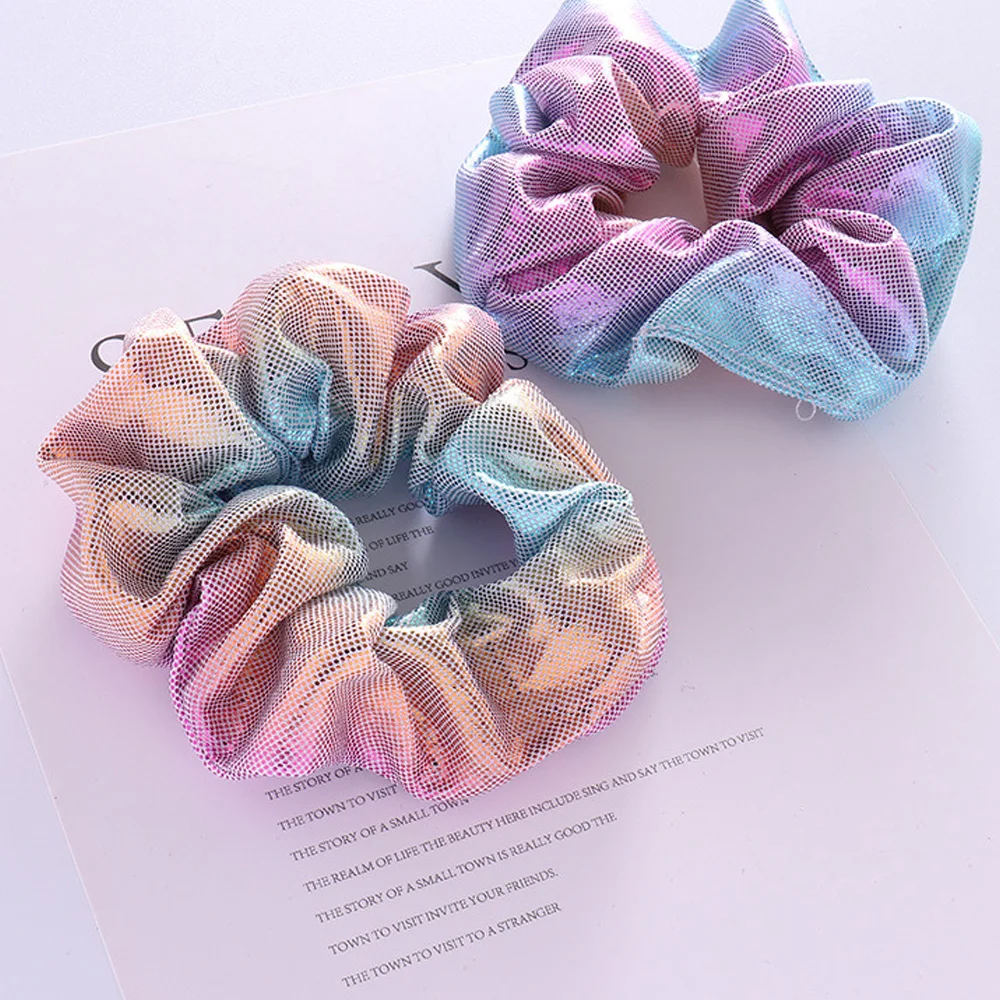 

2020new New Women Shiny Fabric Gradient color Laser Fabric Hair Scrunchies Girls Punk Style HairBands Hair Holder Gum For Hair