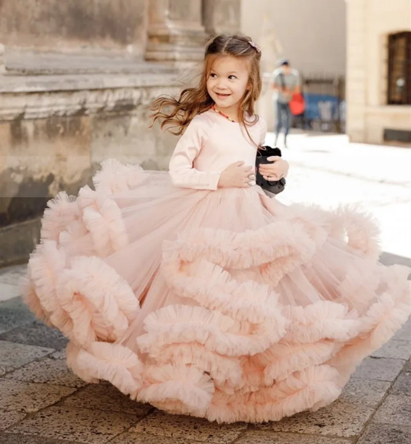

Cloud Flower Girl Dress for Wedding Velvet Tulle Long Sleeve Children Birthday Party Gown Photography