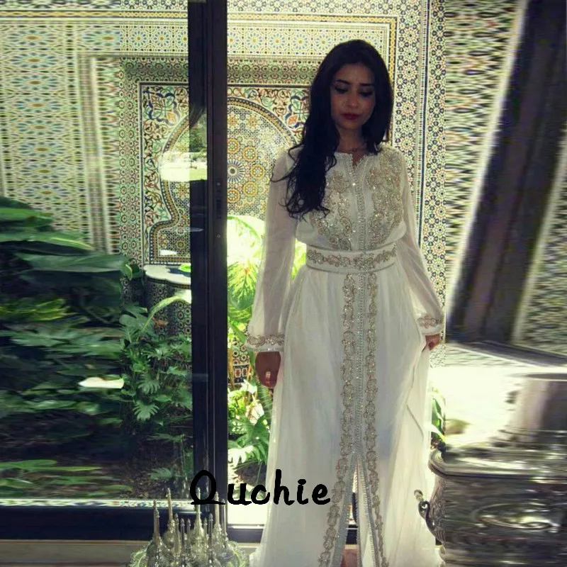 

Ivory Chiffon Moroccan Kaftan Evening Dresses Golden Appliques Sashes Arabic Muslim Special Occasion Formal Party Gown