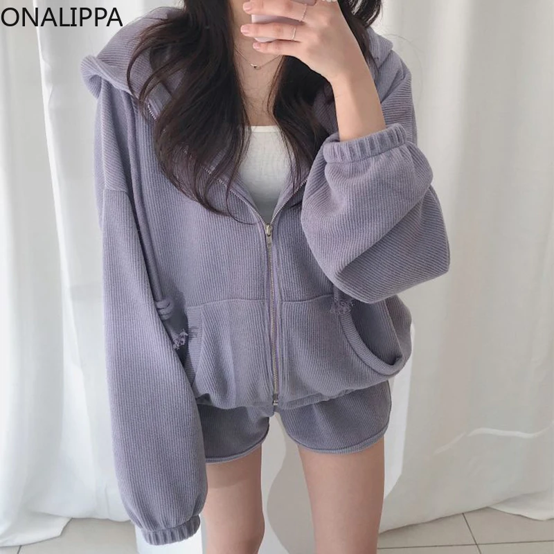

ONALIPPA Sports Sets 2021 Autumn Korean Simple Versatile Hooded Puff Sleeve Zipper Design Sweatshirt Casual High Waist Shorts