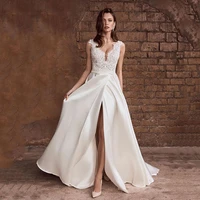 latest graceful lace wedding dresses ivory sleeveless wedding gowns back out front slit bridal dresses v neckline 2021 on sale