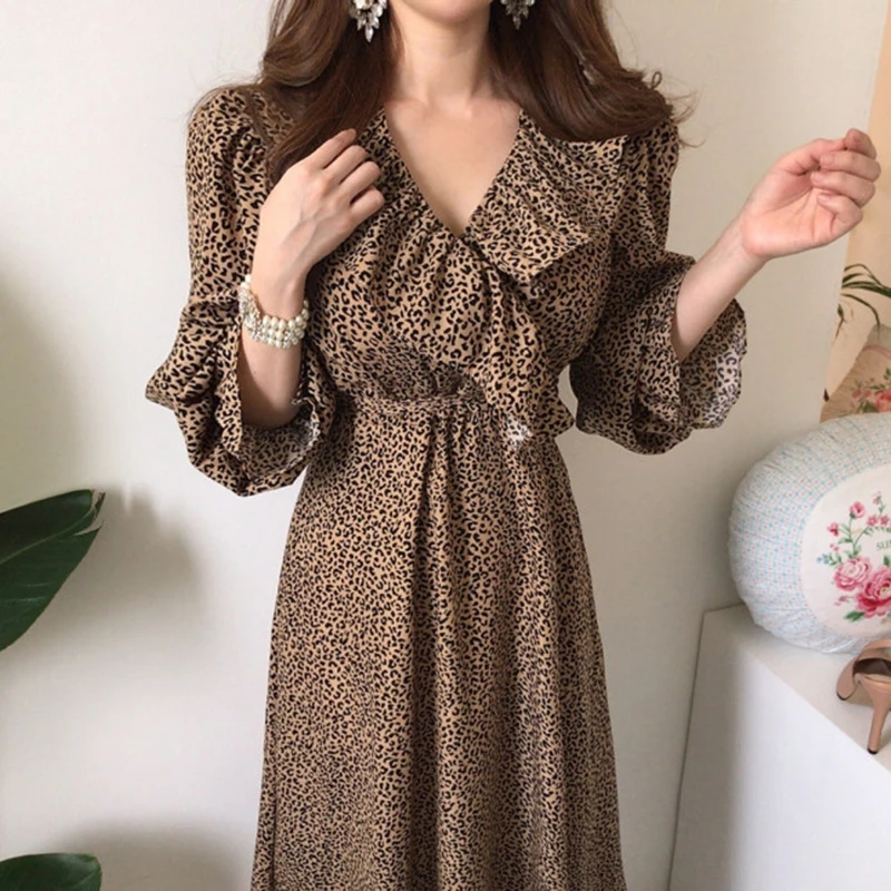 Gaganight леопардовое женское платье с оборками длинным рукавом и V-образным вырезом