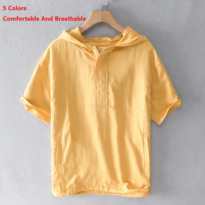 

Мужская рубашка с капюшоном на молнии, с коротким рукавом, из льна и хлопка, 5 цветов