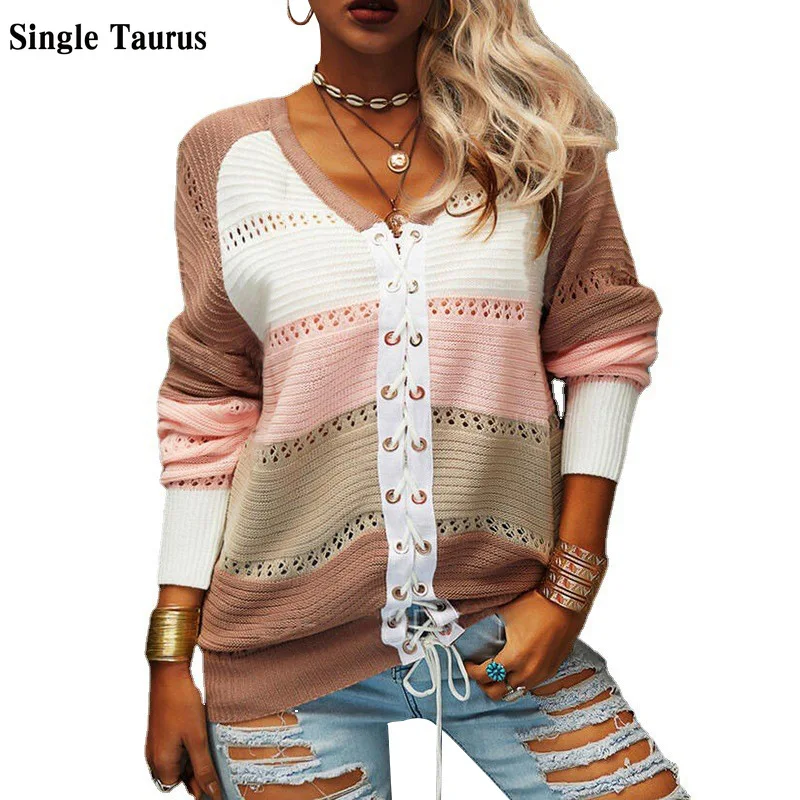 

Пуловер женский бандажный с длинным рукавом, пикантный свитер с контрастной строчкой, Повседневная Уличная одежда, джемпер, осень