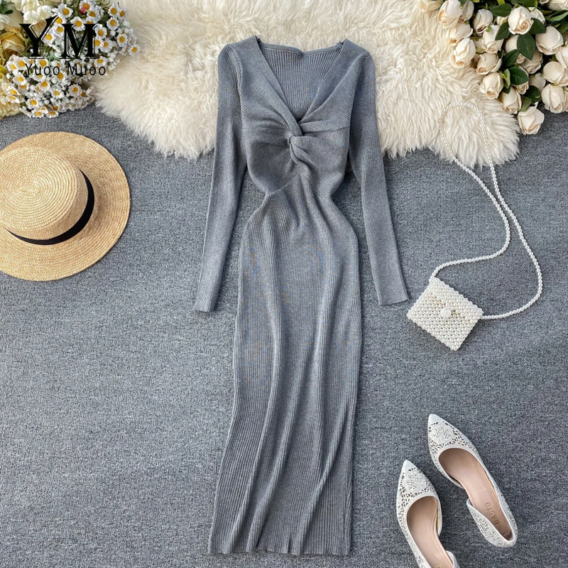 YuooMuoo элегантное однотонное офисное платье с v образным вырезом и узлом для женщин