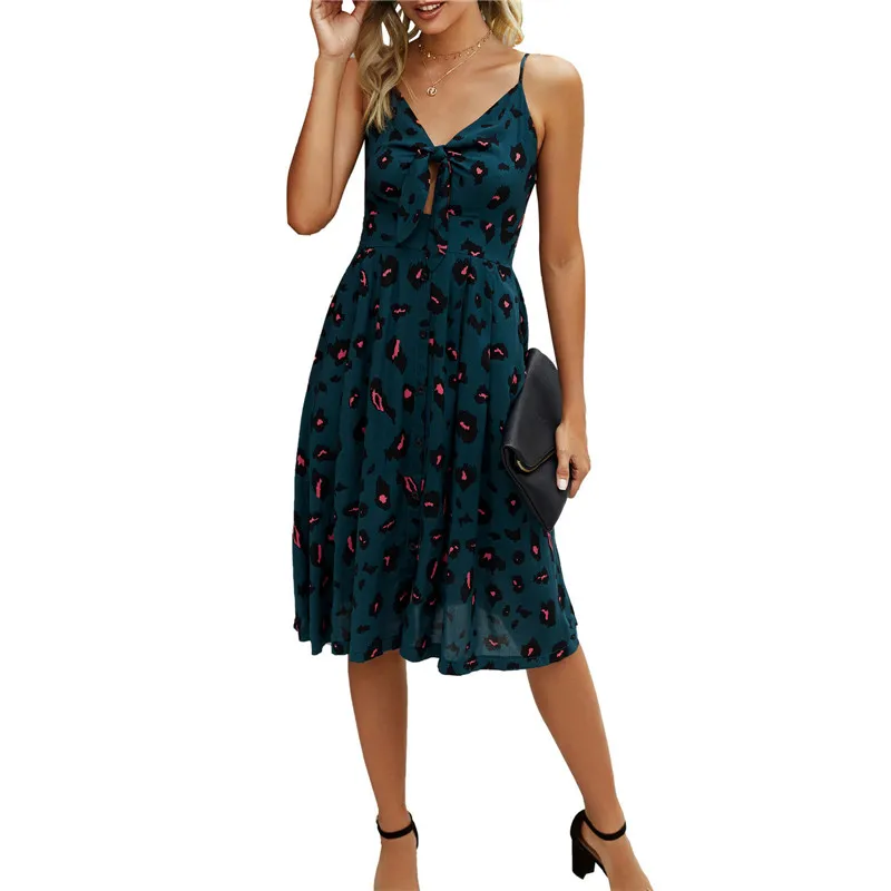 Женское платье на бретелях-спагетти леопардовое Повседневное средней длины с