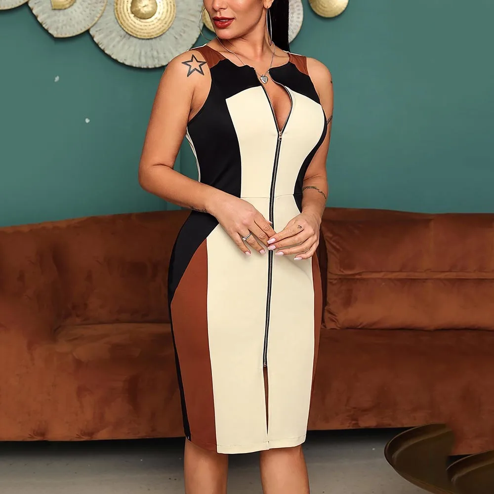 

Women Dress Zip-up Sleeveless Slit O-neck Colorblock Vestido Elegant Slim Female Casual Streetwear Colorblock Midi Vestidos