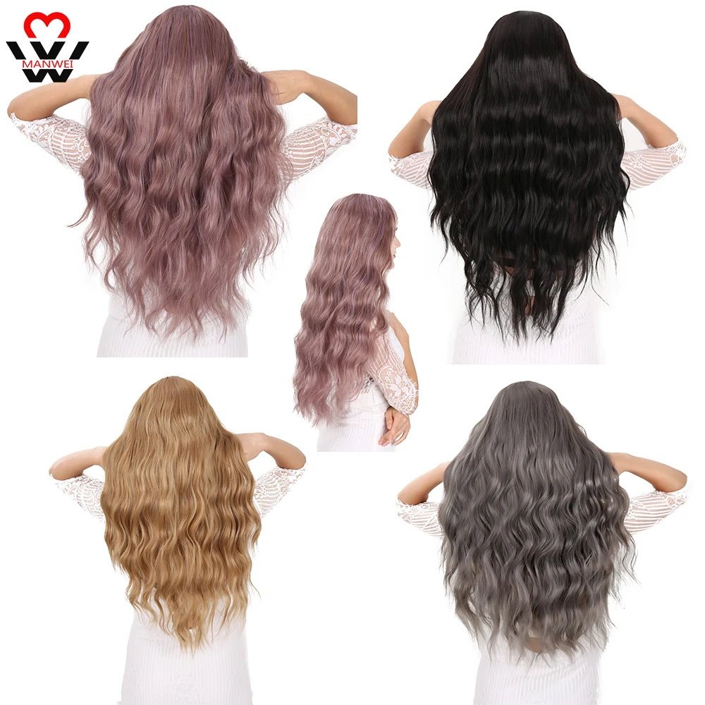 Длинные волнистые синтетические парики MANWEI розовые из натуральных волос для