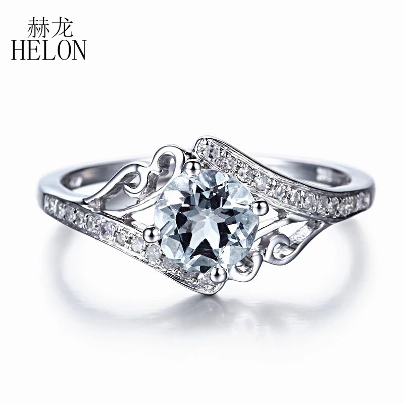 

HELON женские бриллиантовые кольца стерлингового серебра 925 безупречный Круглый 6 мм Натуральный аквамарин бриллиант обручальное кольцо с ка...
